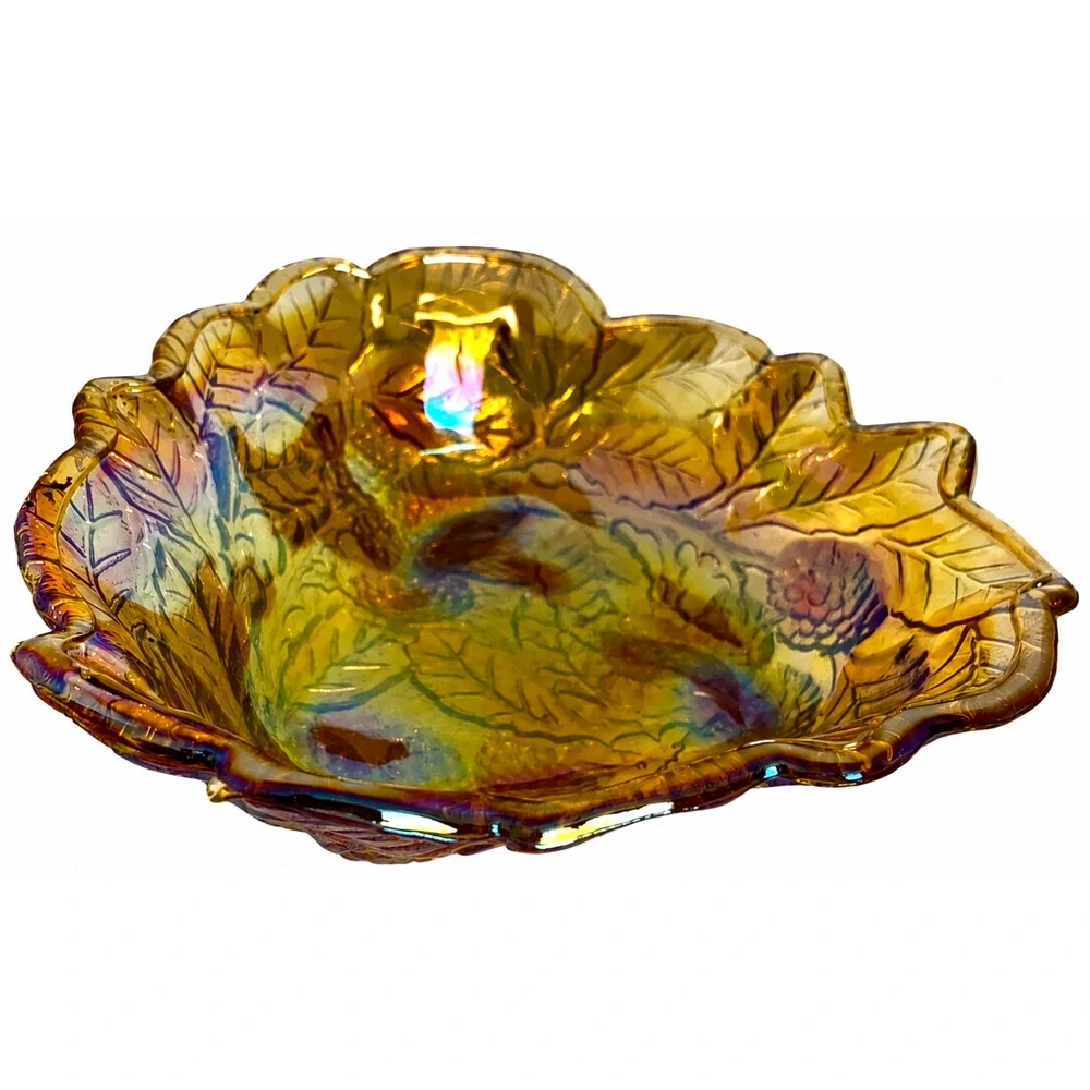 Vintage Iridescent Amber Carnival Glass Grape & Leaf Ruffled Bowl 7.75